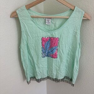 PARADISO vintage turquoise green beaded sleeveless cropped top size M